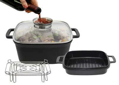 A hand pours liquid from a wine bottle into a multi-functional pot set.