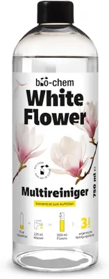 Produktbild von bio-chem White Flower Multireiniger Konzentrat mit Duft | Premium Allzweckreiniger für Küche Bad Glas Böden | Bis zu 3 Liter Reinigungslösung | 750 ml Nachfüllflasche