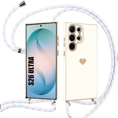 Image de Coque pour Samsung Galaxy S26 Ultra, Protection Silicone Anti-Rayures Motif Coeur avec Cordon Blanc