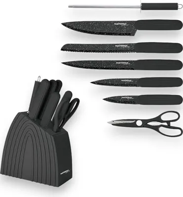 Obrázek produktu pro Masterpan 8dílná sada nožů se stojanem, kuchařský nůž, porcovací nůž, nůžky, ocílka MP6009