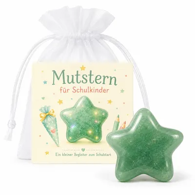 Produktbild von Geschenk zur Einschulung – Mutstern Aventurin mit Karte & Organzasäckchen, Glücksstein für Schultüte und Schulstart