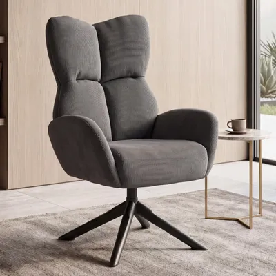 Immagine prodotto di Poltrona lounge HWC-Q54, poltrona da cocktail/imbottita/relax, poltrona lounge girevole in metallo con rivestimento in cord (320 g/m²) ~ grigio scuro