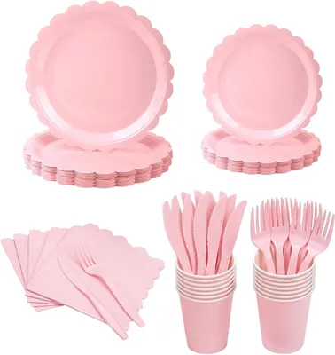 Productafbeelding van Partyserviesset - 144-delig - Roze feestaccessoires voor 24 personen