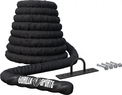 A black battle rope with a handle and attached wall mount, along with screws, on a white background.