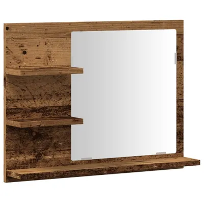 A bathroom mirror with wooden shelves.