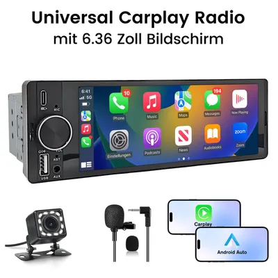Obrázek produktu pro 6,36" univerzální autorádio CarPlay/Android Auto 1DIN s FM, kamerou a mikrofonem, dotykový displej IPS s rozlišením 1280×480