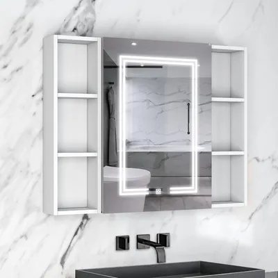 Produktbild von AICA LED Spiegelschrank mit Seiteschrank und Steckdose 90x70cm ,Touch/Wandschalter, 3 Lichtfarbe dimmbar , Anti-Beschlag , Weiß Matt