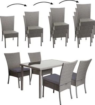 Produktbild von Poly-Rattan Garnitur HWC-G19, Sitzgruppe Balkon-/Lounge-Set, 4xStuhl+Tisch, 120x75cm - grau, Kissen dunkelgrau