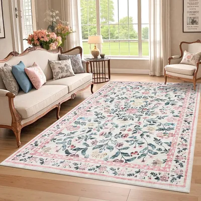 Immagine prodotto di Tappeto lavabile, 160 x 230 cm, motivo floreale rosa, antiscivolo, morbido, in peluche, per interni