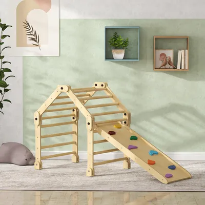 Produktbild von SUGIFT Klettergerüst 3-in-1 faltbar, Kletterleiter & Rutsche & Kletterwand, Montessori Holz, Mehrfarbig | 175 x 70 x 59 cm | bis 50 kg | 1,5–4 Jahre