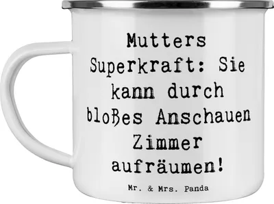 Produktbild von Mr. & Mrs. Panda Teetasse Spruch Mutters Magie - Weiß - Geschenk, Emaille Tasse, Haferl, Mutterliebe, Mutter, Handarbeit, Humor, Pott, Becher, Lächeln, Familienmitglieder