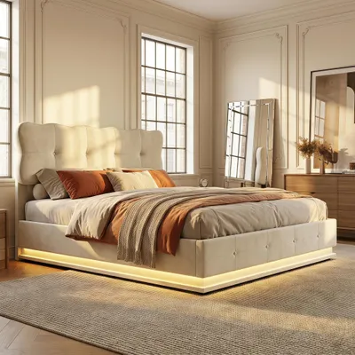 Image de Lit rembourré INONEFT 140x200 cm avec éclairage LED, lit pour adolescents, lit double avec sommier à lattes, lit à lattes relevables avec espace de rangement et tiroirs, en velours, couleur beige