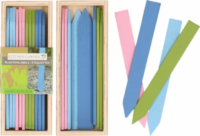 Obrázok produktu pre Farebné drevené štítky na rastliny Talen Tools, 24 kusov 13 x 1,5 cm v drevených škatuliach