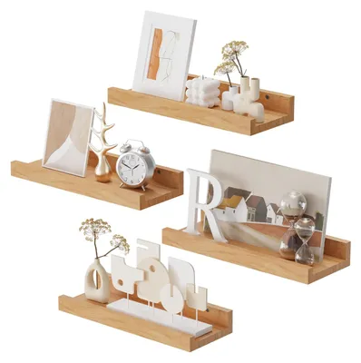 Image de Étagère murale en bois, lot de 4, 30 x 12 cm, étagère suspendue, support pour cadres photo et objets décoratifs, étagère murale, pour le salon, la salle de bains, la cuisine, couleur bois