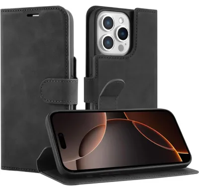 Image de Coque compatible avec iPhone 16 Pro Coque avec Porte-cartes - Bookcase Premium - Noir