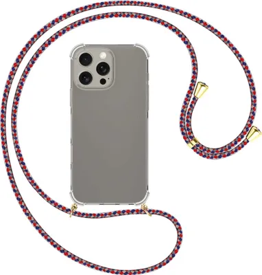 Produktbild von Handykette Backcover-Schutzhülle mit Band (Metall goldfarben) für iPhone 16 Pro Max - silber/blau/rot