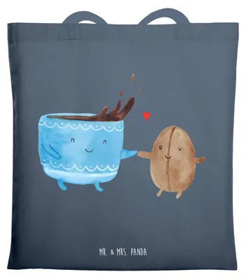 Produktbild von Mr. & Mrs. Panda Schultasche Kaffee Bohne - Indigo Blue - Geschenk, Einkaufstüte, Lustige Sprüche, Tote Bag, Zufriedenheit, Genuss, Kaffeebohne, stoff shopper, Glück
