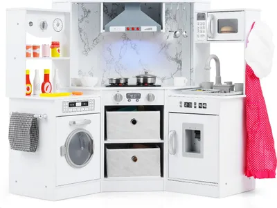 A white wooden play kitchen with various appliances and accessories.