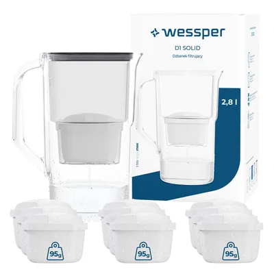 Immagine prodotto di Caraffa filtrante Wessper D1 SOLID, capacità 2,8 litri, colore nero, con 10 filtri AquaMax