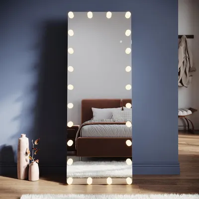 Image de SONNI 160 x 60 x 3,5 cm blanc miroir de dressing sur pied carré avec éclairage par ampoules LED et prise de courant, fixation murale