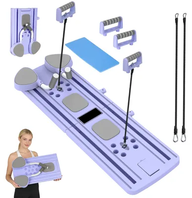 Produktbild von Pilates Reformer Board - Push-up Rack Board - Klappbarer Bauchtrainer mit automatischem Rebound - Widerstandsbänder für Heimtraining - Lila