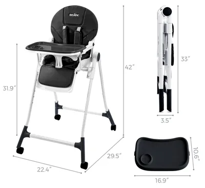 Produktbild von Kinderhochstuhl - GY02A-1 - 5-Punkt-Gurt - Tablett mit 3 Positionen - Mit Rollen - Verstellbar - Gepolstert - Schwarz