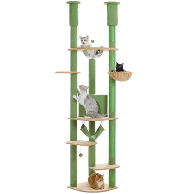 A tall, multi-level cat tree with several cats on different platforms and perches.