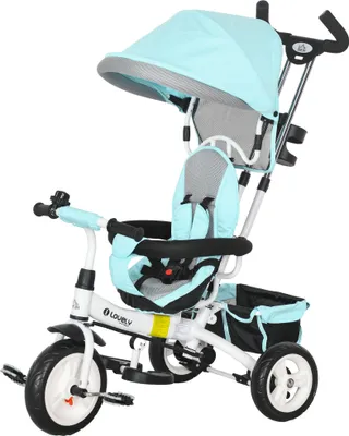 Produktbild von 6-in-1 Kinderdreirad Grün mit Schiebestange, Dach, Gurt, Ablagekorb für 1-5 Jahre