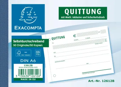 Produktbild von Exacompta 10x Quittungen A6 Quer 2x40 Blatt MwSt inkl. - Motiv - 12612B