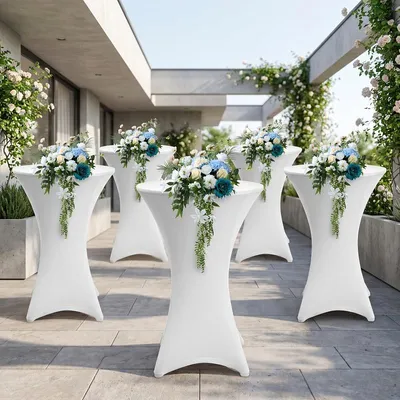 Produktbild von Eikuavons 5er Set Stehtischhusse Stretch Weiß – Elastische Husse für Bistrotisch Ø 70–75 × 110 cm mit 4 Fußlaschen
