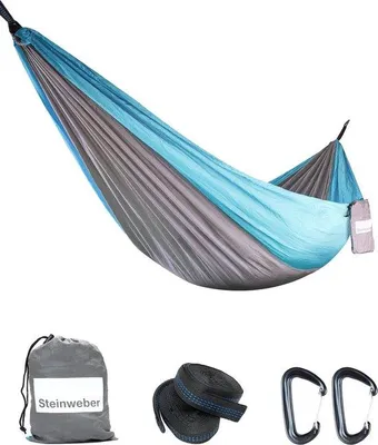 Obrázok produktu pre Unyqoos® Ultraľahká cestovná a turistická sieť pre 2 osoby, vyrobená z nylonovej tkaniny, rozmer 285 x 160 cm, modrá, nosnosť 250 kg, vrátane 2 popruhov a karabín