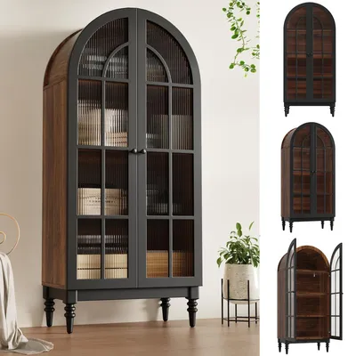Produktbild von Hoher Bogen-Aufbewahrungsschrank Vitrine mit Glastüren Schwarz 76x38.5x165 cm