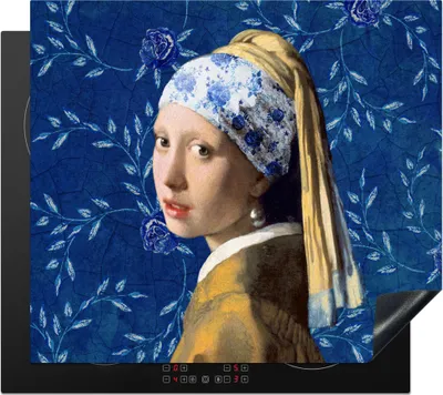 Produktbild von KitchenYeah© Herdabdeckplatte Mädchen mit Perlenohrring - Delfter Blau - Vermeer - Blumen - Gemälde - Alte Meister , 57x51cm, Küche Deko, Glaskeramikkochfeld Herdabdeckung, Abdeckplatte fùr Kochfeld