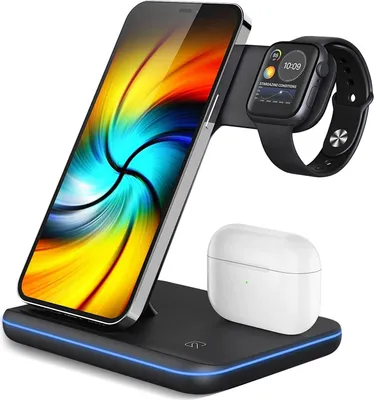 A wireless charging stand with a phone, smartwatch, and earbuds case on it.