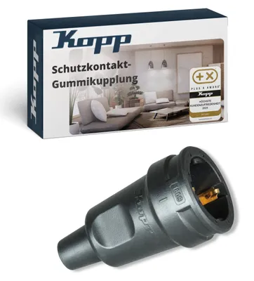 Produktbild von Kopp Schutzkontakt-Gummikupplung schwarz, bruchfest, IP20, VDE-, 16A/250V, für Profi- und Heim-Einsatz