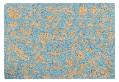 Kokos-Fußmatte Blumenprint 40x60 cm, Antirutsch, Blau/Natur
