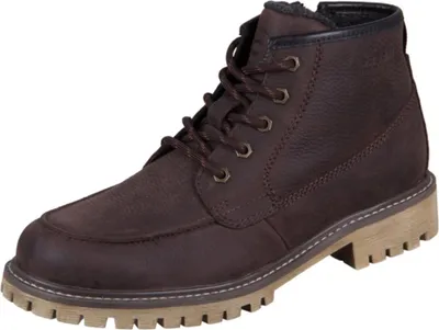 A single brown leather boot is shown against a white background.
