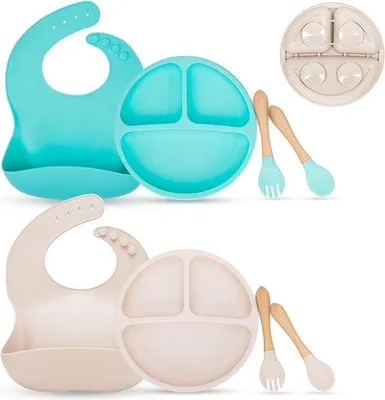 Produktbild von Famanu Babyservierset Silikon mit Saugnapf - 2 Kinderborde, 2 Schalen und 2 Löffel