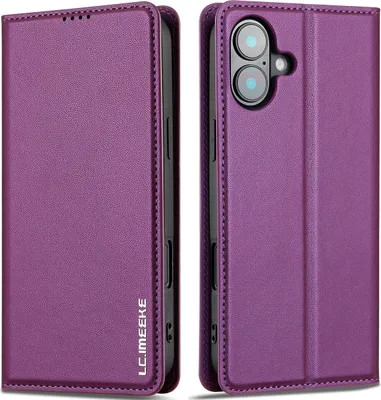 Obrázek produktu pro Magnetické flipové kožené pouzdro pro iPhone 16 Plus, s přihrádkou na karty a funkcí stojánku Fialová