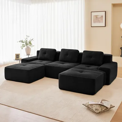 Produktbild von Cloud Modulsofa Boneless U-förmiges Sofa, Modulares Sofa mit Ottoman, Modulares Cloud-Sofa, 3-Sitzer 80% Corduroy-Cloud-Sofa für Wohnzimmer, Montagefreies Sofa, Schwarz