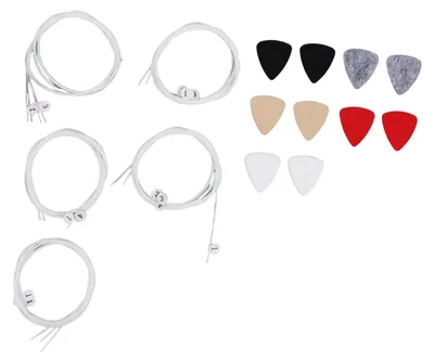 Produktbild von 5 Sets Ukulelensaiten und Filzplektren – universelle Saitenmarkierungen für 1–4 Saiten, passend für Sopran-, Konzert- und Tenor-Ukulelen mit 21-, 23- und 26-Zoll-Saitenlänge (Nylonsaiten)