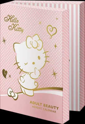 A pink and white striped advent calendar with Hello Kitty graphics.