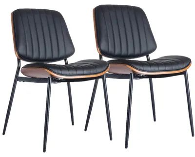 Produktbild von 2er-Set Kunstleder-Esszimmerstühle mit Bugholz-Rückenlehne und schwarzen Metallbeinen, Schwarz