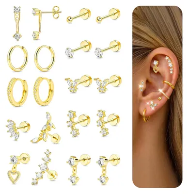 Image de Lot de 12 paires de boucles d'oreilles, en acier plaqué or et argent, pour les oreilles