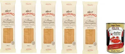 Produktbild von Rummo Spaghetti N° 3 Pasta Lenta Lavorazione Teigwaren aus Hartweizengrieß Bronze-Zeichnung 5x 500g + Italian Gourmet polpa 400g