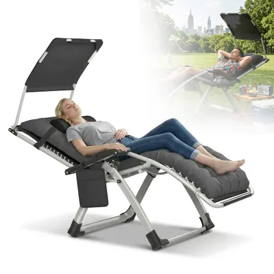 Produktbild von LZQ Gartenliege Klappbar mit Sonnendach, Gepolsterter Liegestuhl bis 160 kg, Kopfkissen, Getränkehalter & Seitentasche, Stahlrahmen Relaxliege,Schwarz