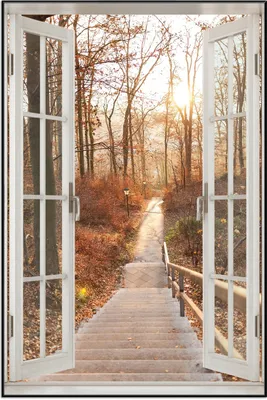 Produktbild von Wallario Wandbild mit Fenster-Illusion: Weg in den Sonnenuntergang, Größe: 61 x 91,5 cm, Poster mit schwarzem Aluminiumrahmen