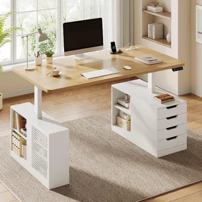 Produktbild von AODEMOKO Höhenverstellbarer Schreibtisch 160 x 70 cm mit 4 Schubladen, 3 Memory-Höhen, Ladestation und Ablagefächern, Weiß
