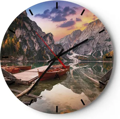 Produktbild von Wanduhr - Rund - Glasuhr - Boote Berge See - 40x40cm - Schleichendes Uhrwerk - Lautlos - zum Aufhängen bereit - Dekoration Modern - Wanddekoration aus Glas - C3AR40x40-4638
