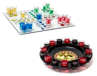 Produktbild von 2 tlg Trinkspiele Set, Drinking Ludo, Trink-Roulette, Saufspiel, Party-Spiel, Schnaps-Roulette, Erwachsene, je 16 Gläser